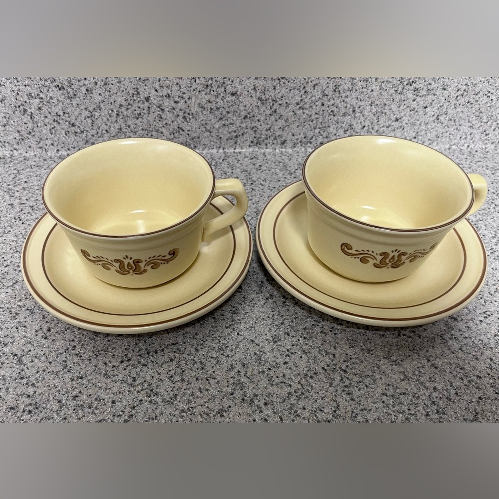 Pfaltzgraff Village Pattern Vintage Cream and Brown Teacup Set - Picture 2 of 10